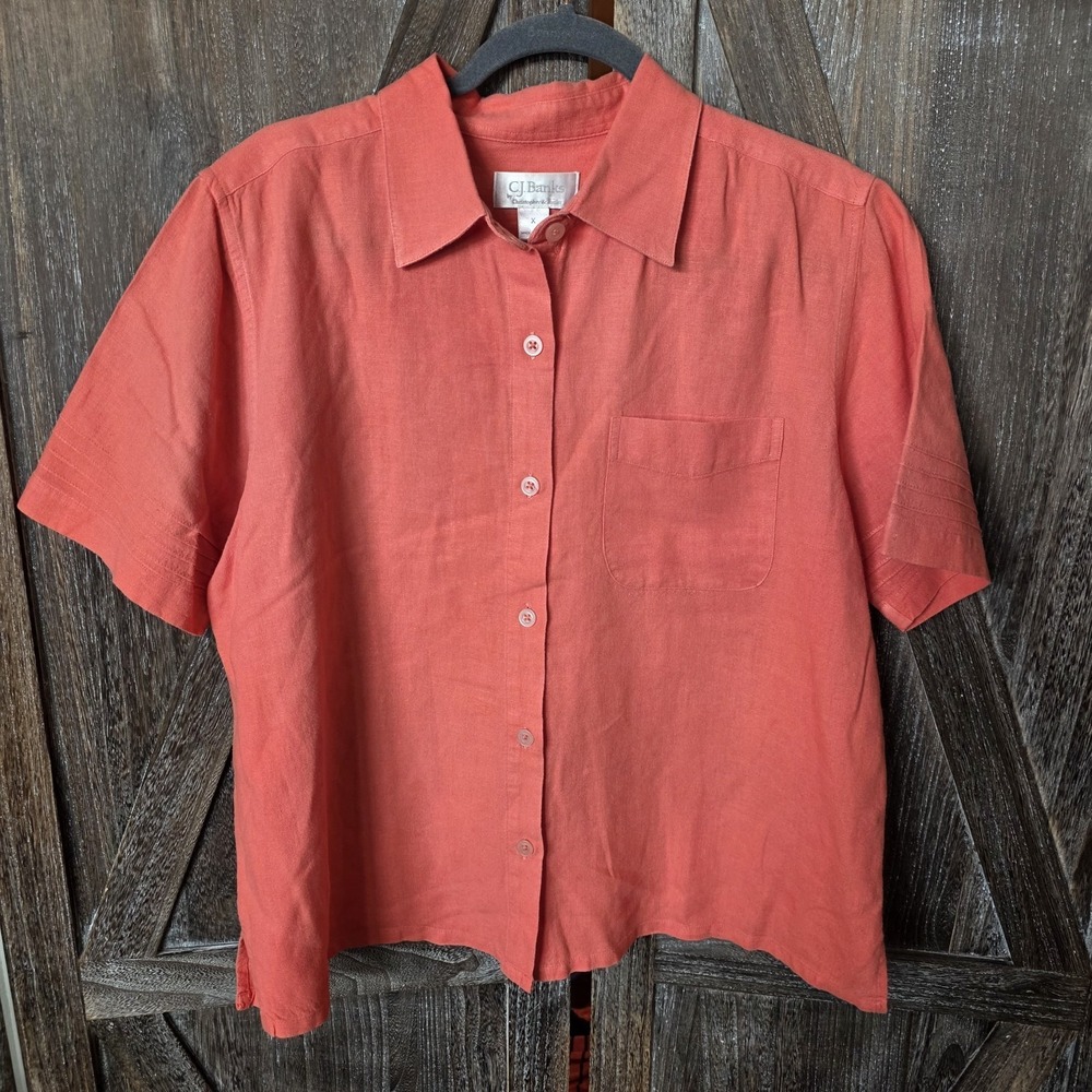 CJ Banks Shirt Women's Size X Coral Orange Short Sleeve Button Up Linen Rayon